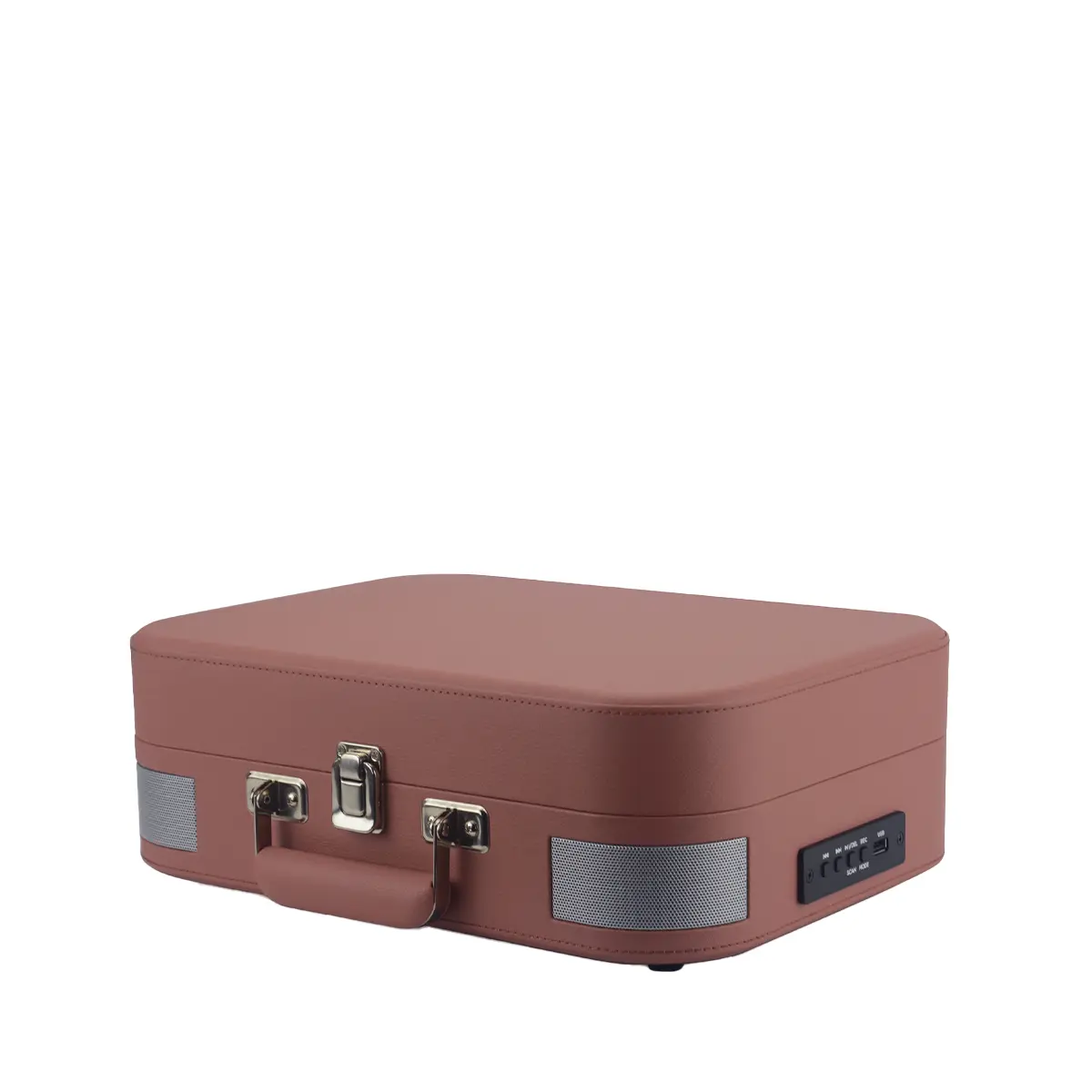 Pudrowo-różowy gramofon walizka ze srebrnymi głośnikami i kontrolkami.