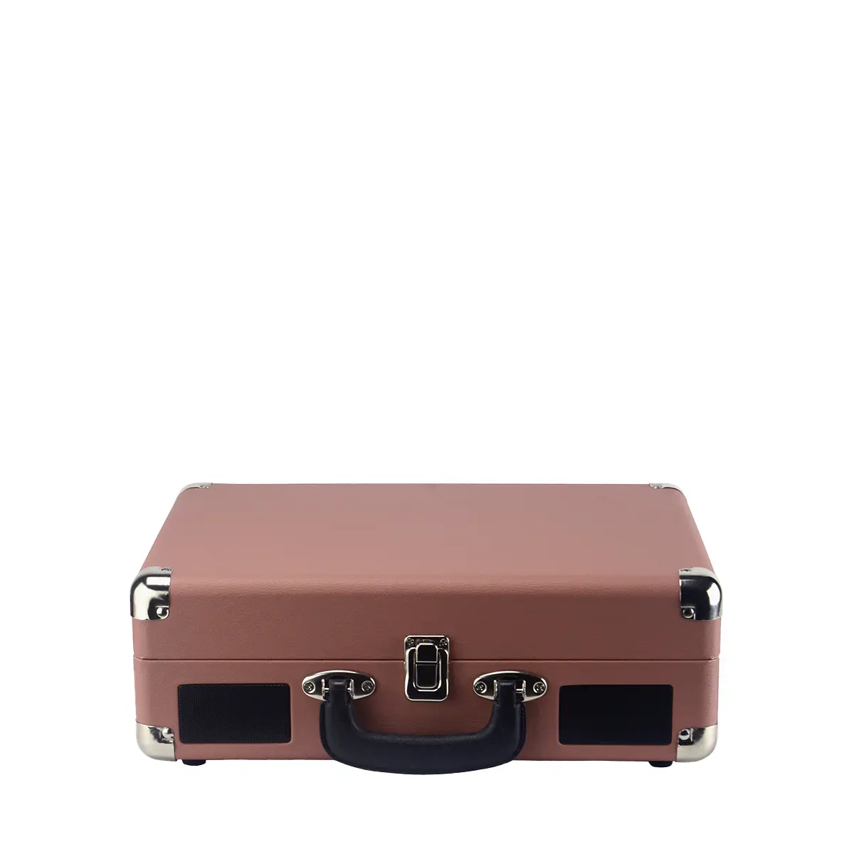 Zamknięty, różowy gramofon w stylu walizki z czarną rączką.