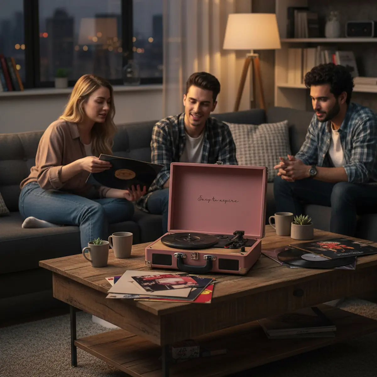 Trzech przyjaciół siedzi w salonie, słuchając płyt na gramofonie.