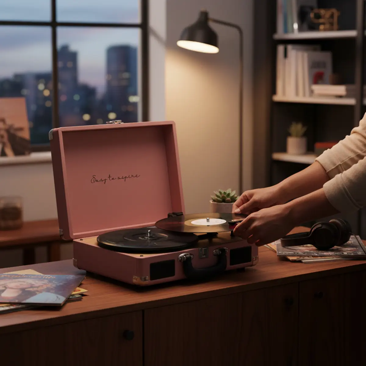 Ręce kładą płytę winylową na różowym gramofonie obok książek.