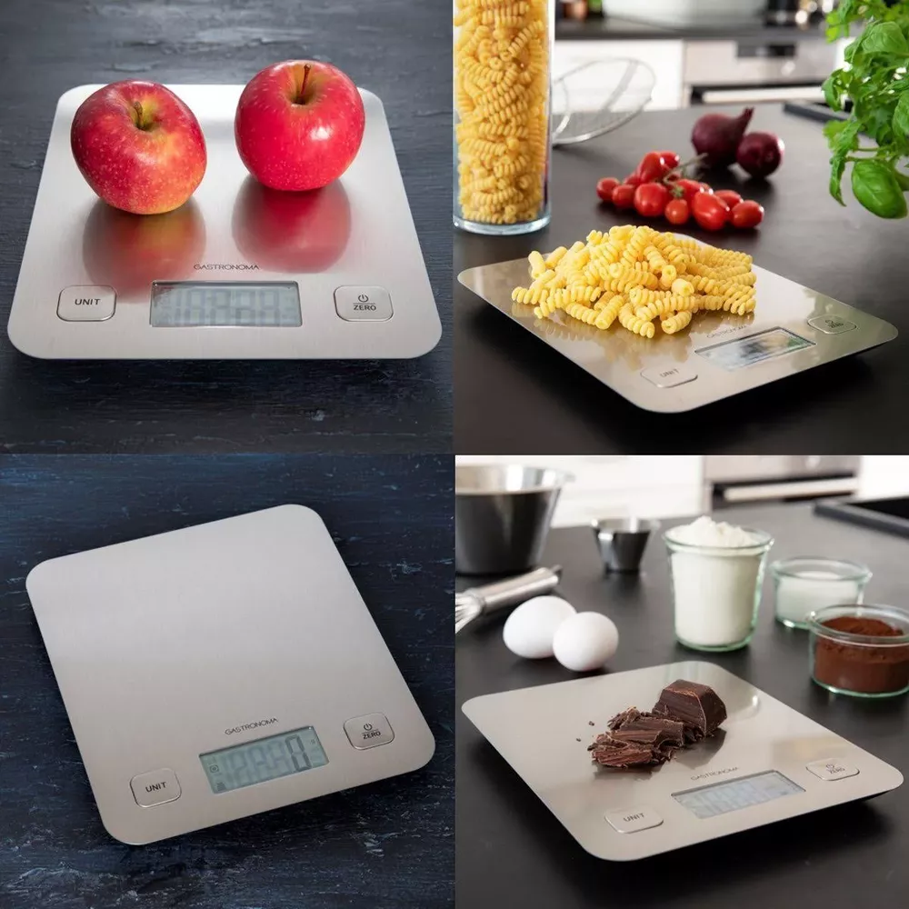 Cztery wagi kuchenne z różnymi produktami spożywczymi: jabłka, makaron, jajka, czekolada.