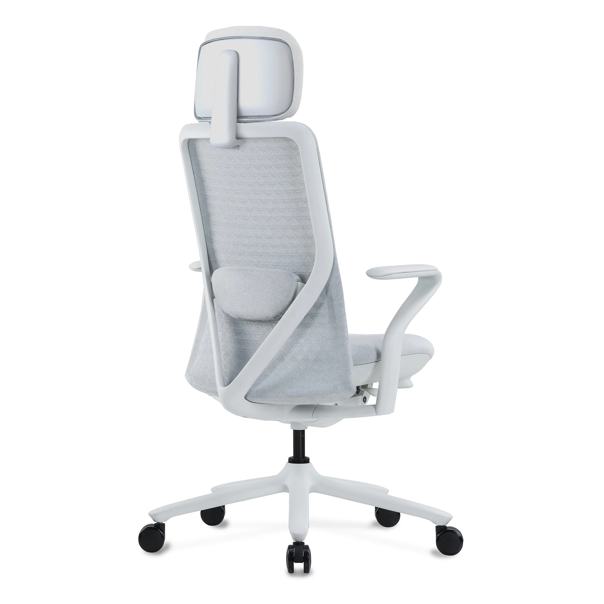 Białe ergonomiczne krzesło biurowe z siatkowym oparciem i regulowanym zagłówkiem.
