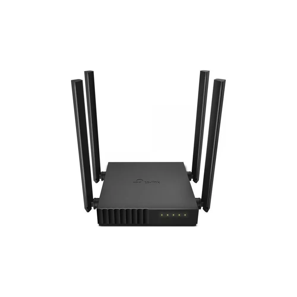Czarny router TP-Link z czterema antenami stoi na białym tle.