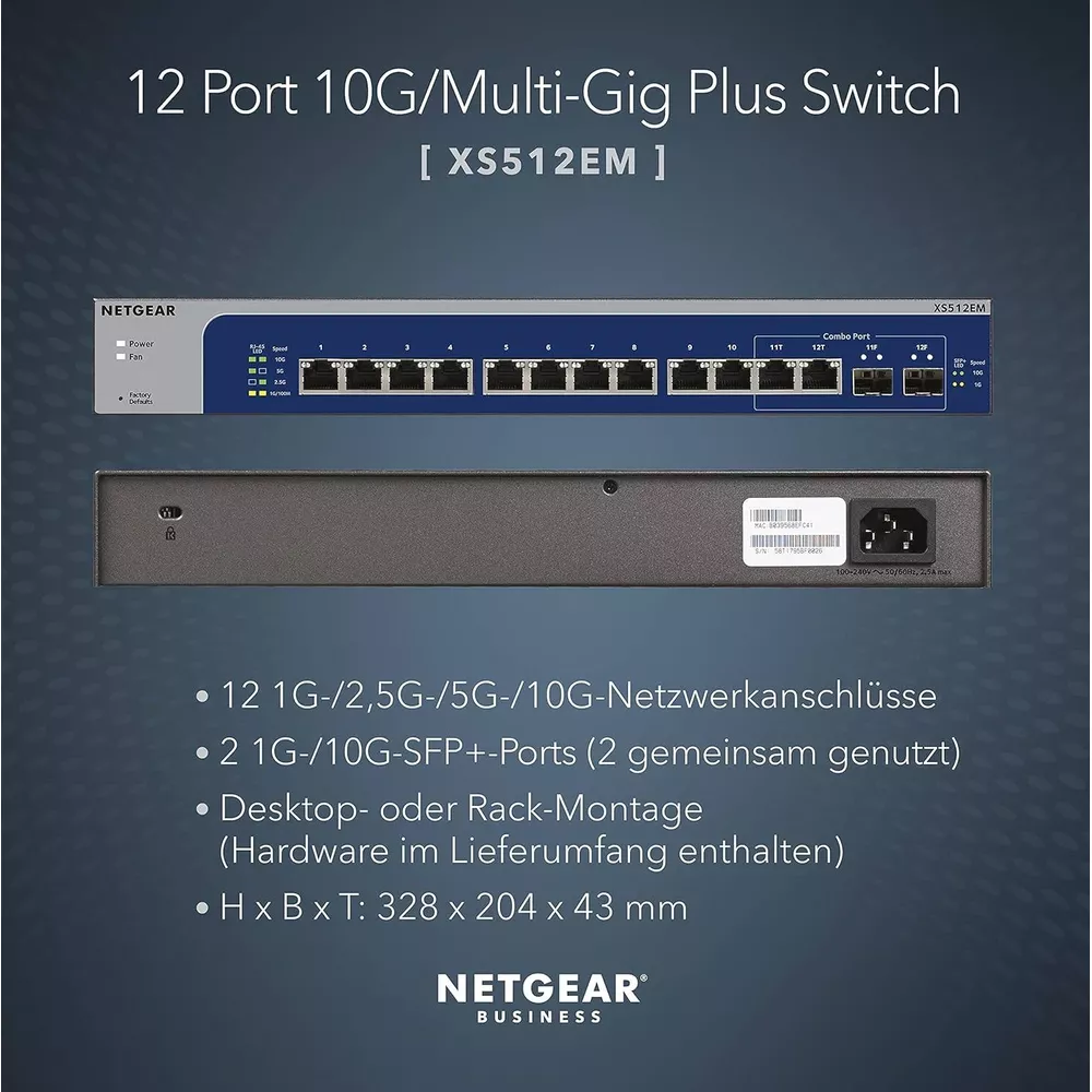 Przedni i tylny widok przełącznika Netgear 12-Port 10G/Multi-Gig.