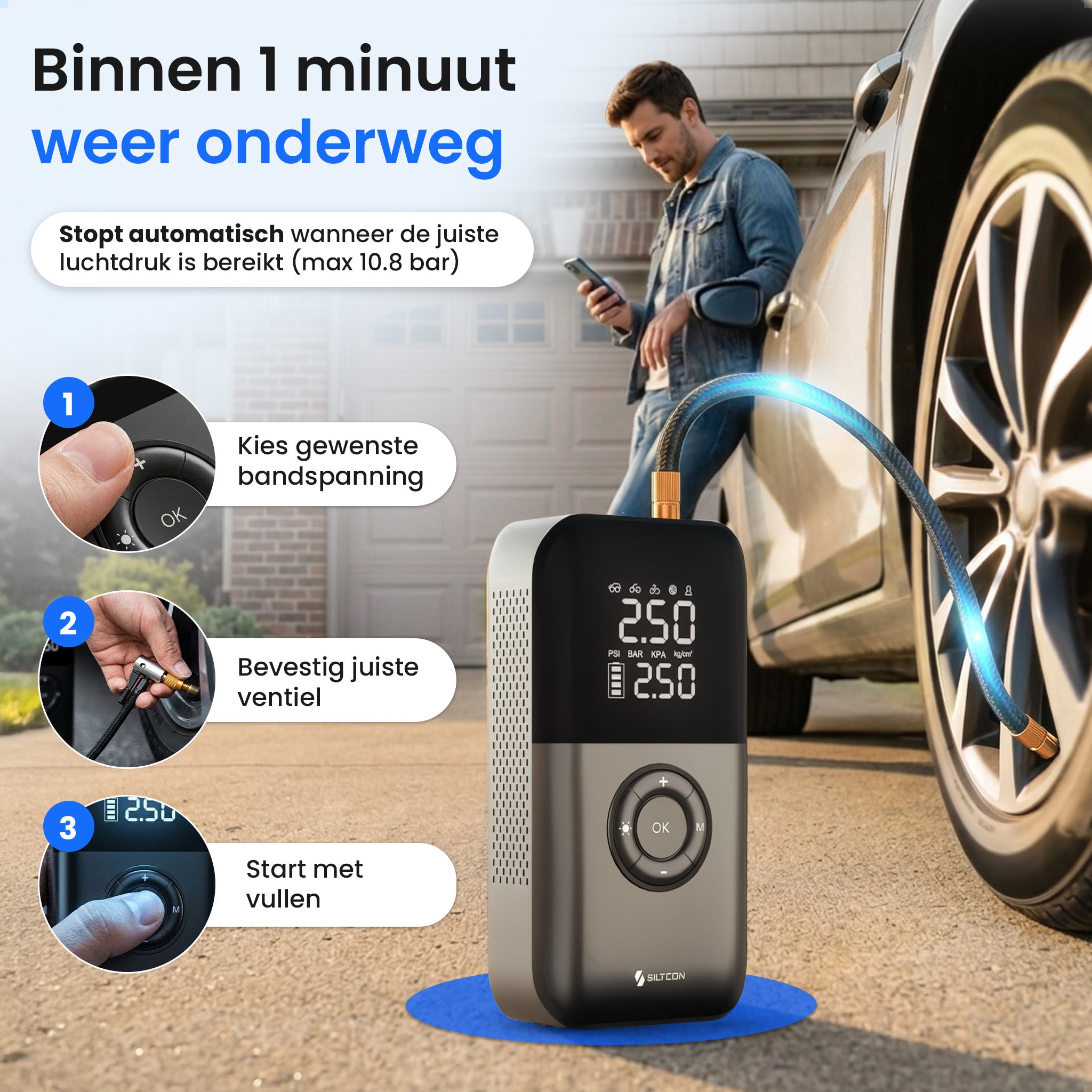 SILTCON Luchtcompressor Bandenpomp Auto en Fiets  - 10.8 Bar - Oplaadbaar - Met 8.500 mAh Powerbank Luchtcompressor Bandenpomp Zwart