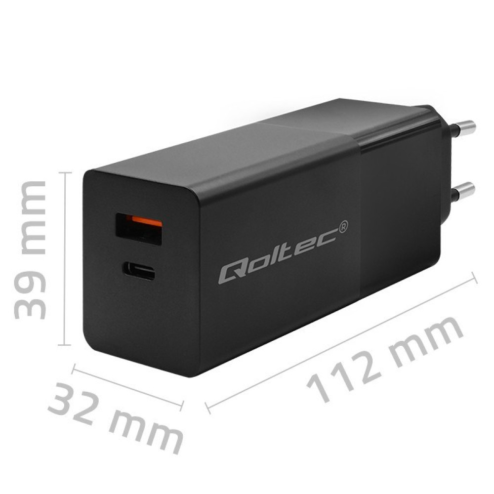 Ładowarka sieciowa QOLTEC GAN POWER PRO | 1XUSB-C | 1XUSB Czarny