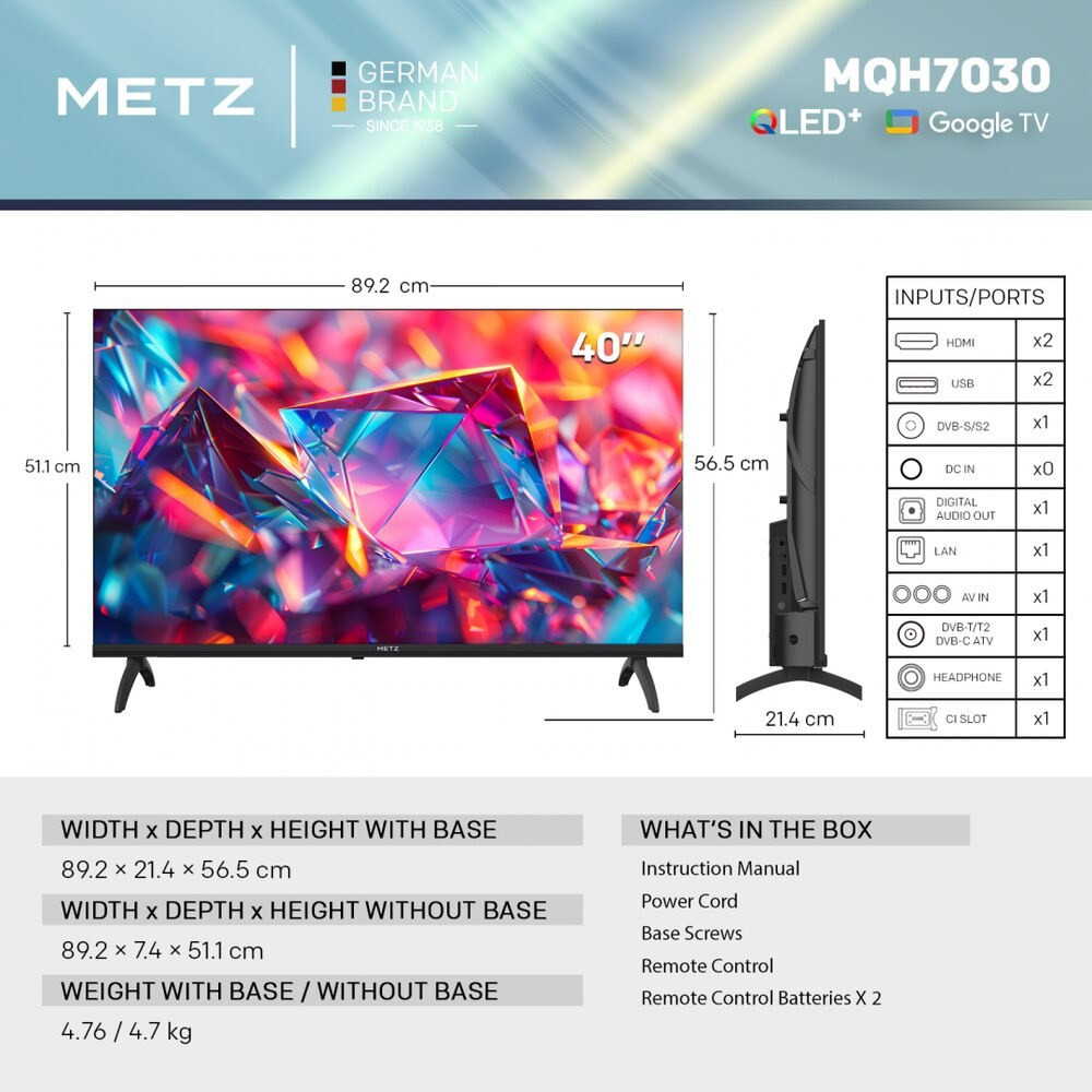 TV QLED 40" - METZ 40MQH7030Z, Full-HD, Smart TV, DVB-T2 (H.265), Negro