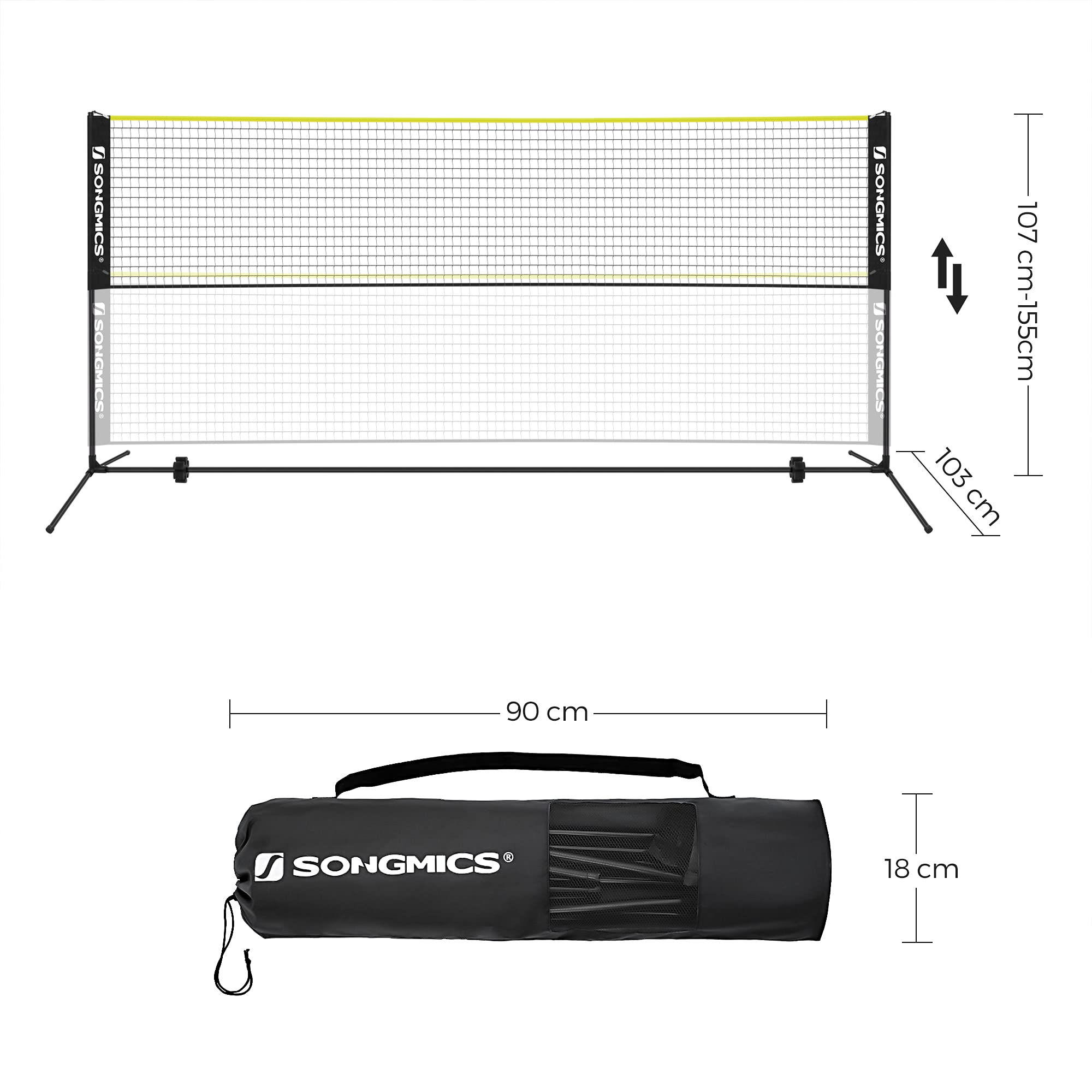 SONGMICS SYQ500B02 regolabile in altezza 5 m Rete da badminton, Nero, Giallo