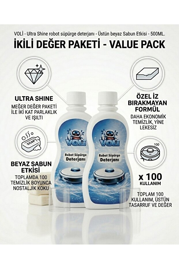 ROVEXA Robot Süpürge Deterjanı ve Mop Temizleme Sıvısı 500 ml x 2 100 Kullanım - Beyaz Sabun Temizlik Suyu