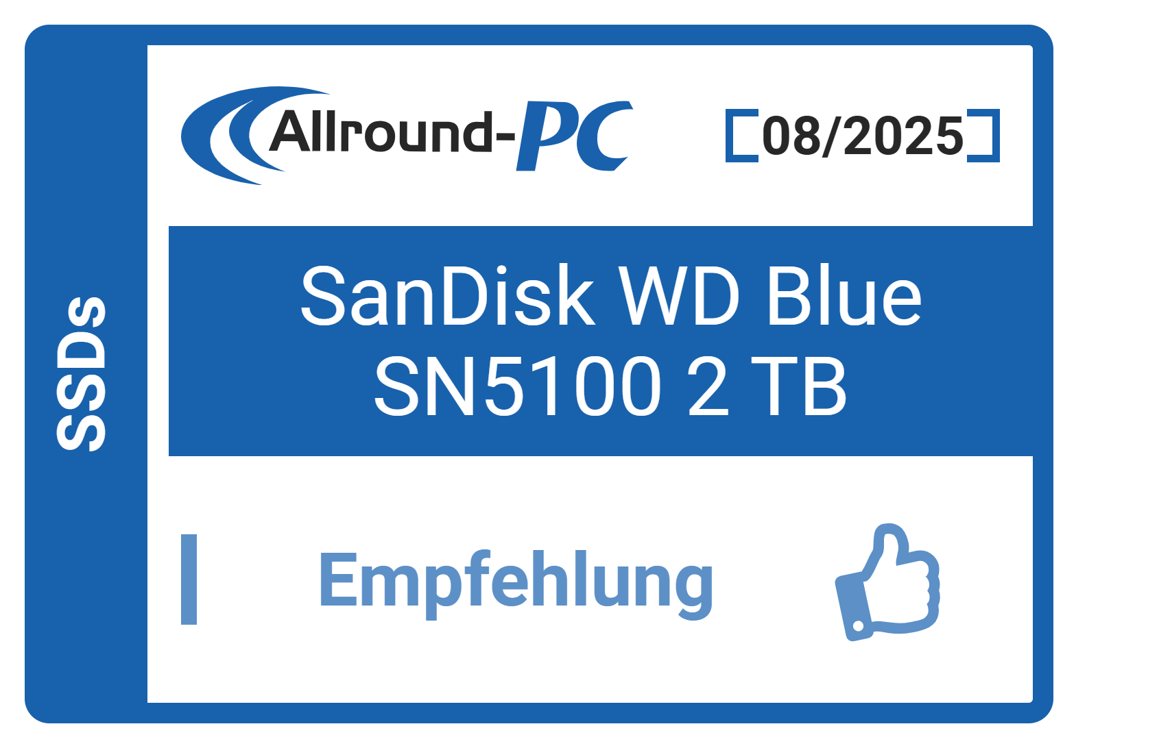 Eine blau-weiße Grafik mit SSDs-Text, Allround-PC-Logo, SanDisk WD Blue SN5100 2 TB, Empfehlung und einem Daumen-hoch-Symbol.