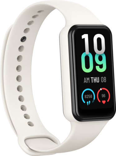 Un reloj de pulsera inteligente blanco con una pantalla digital que muestra la hora y las métricas de fitness.