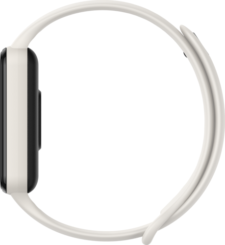 Smartwatch, correa blanquecina, pantalla negra, diseño curvo. Vista lateral.