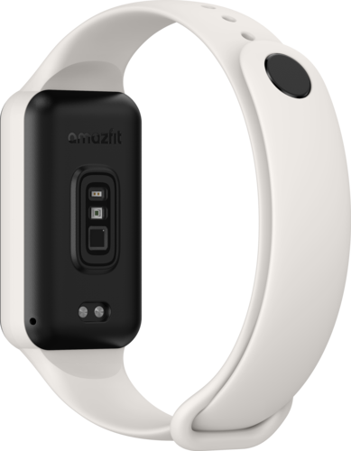 Una pulsera inteligente Amazfit blanca y negra, la parte trasera mirando hacia la cámara.