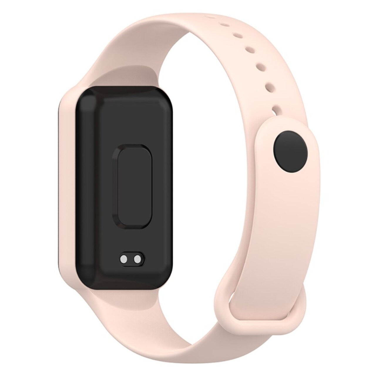 Un reloj inteligente rosa claro con pantalla negra y correa rosa.