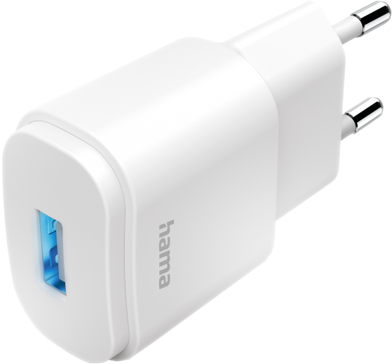 White Hama USB charger with blue USB port and silver prongs for wall socket.