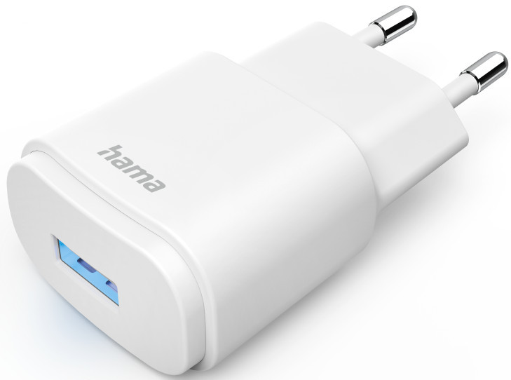 White Hama USB charger with a blue USB port.