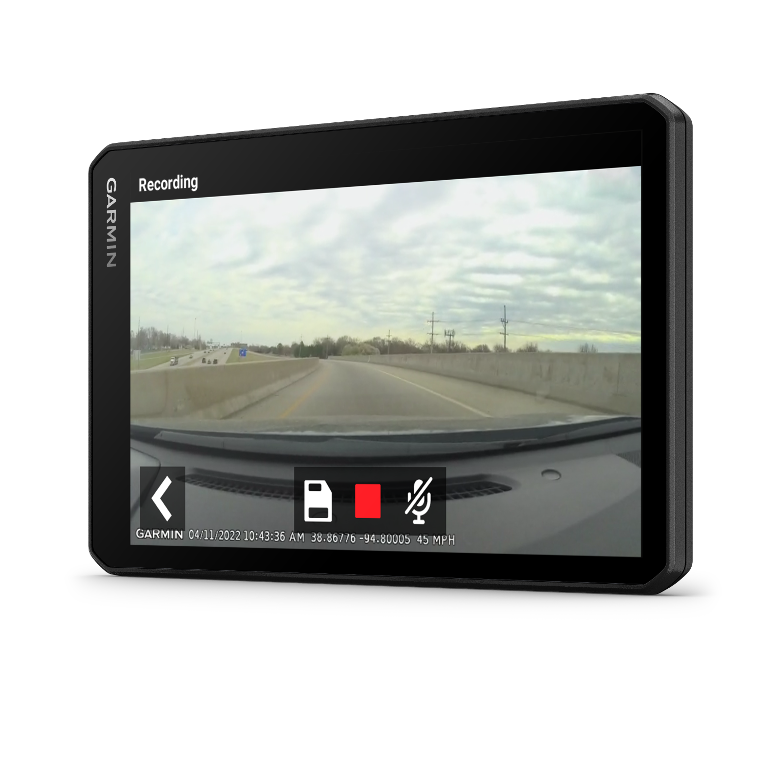 Garmin dashcam toont wegweergave. Opname bezig, toont datum, tijd en snelheid.
