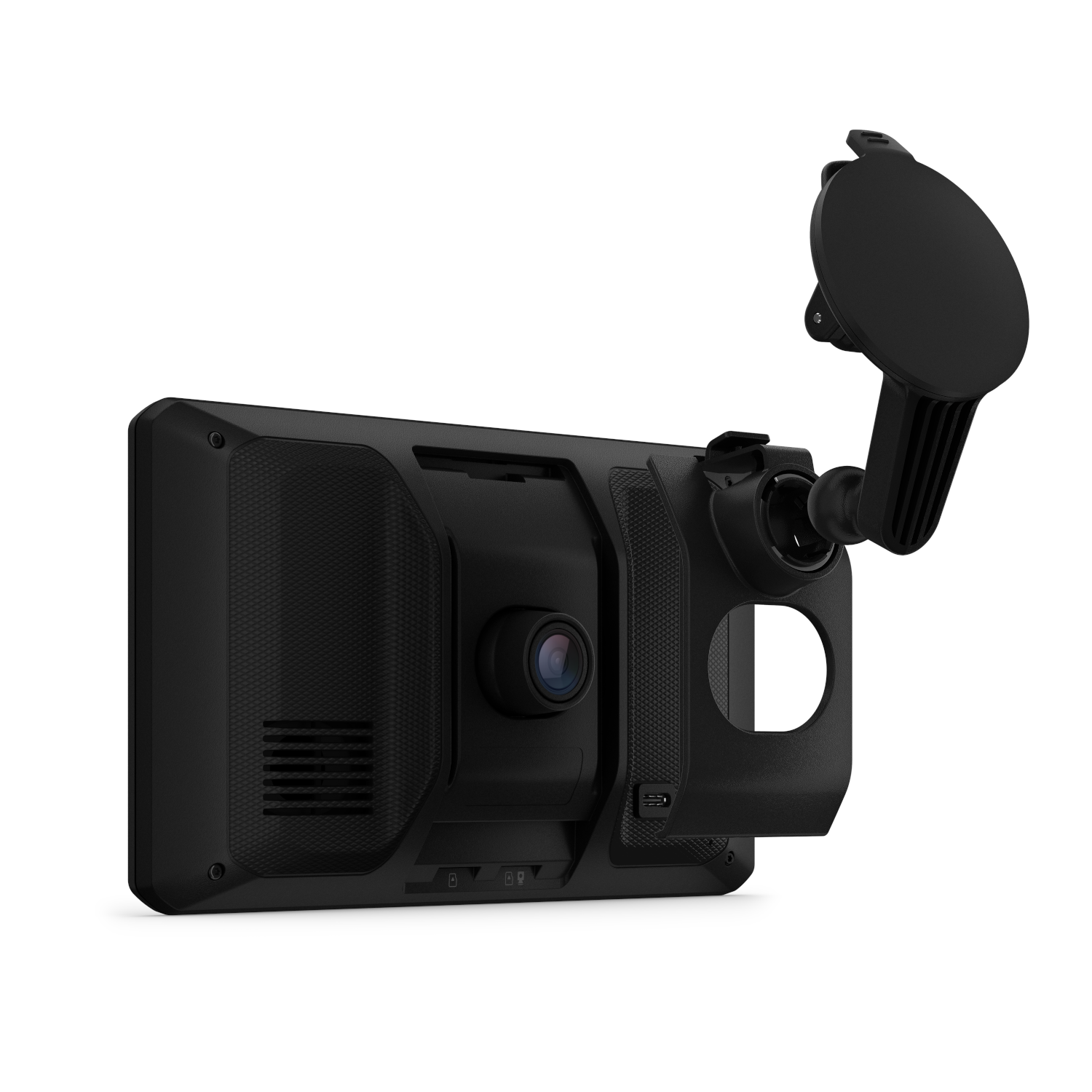 Zwarte auto dashcam met houder, achteraanzicht en scherm.