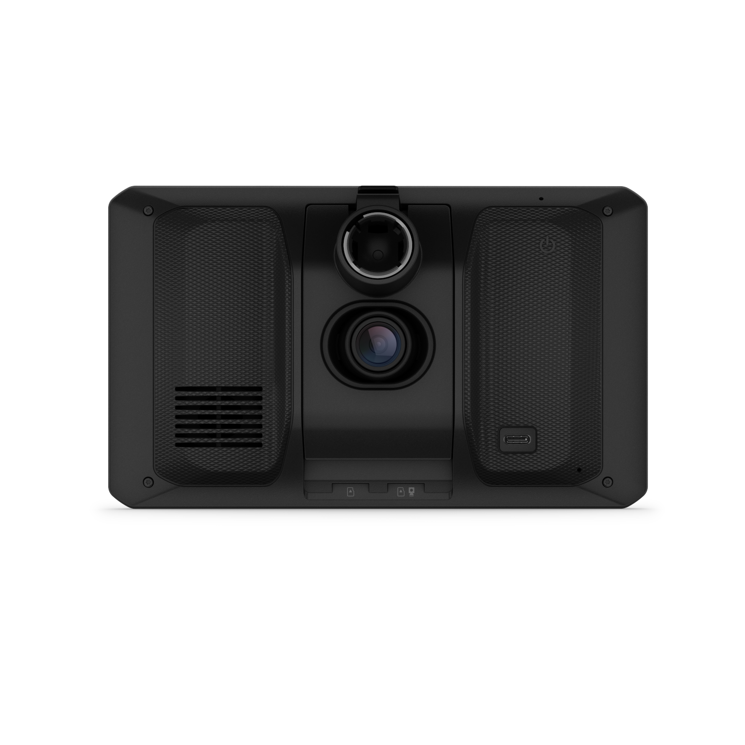 Zwarte dashcam met een lens en knoppen. Het is een rechthoekige vorm.