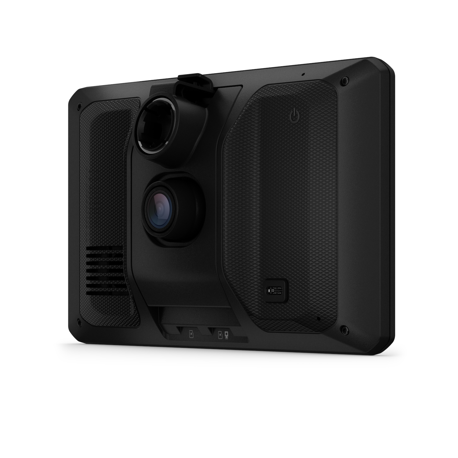 Zwarte dashcam met twee camera's, poorten en knoppen. Getextureerd oppervlak.