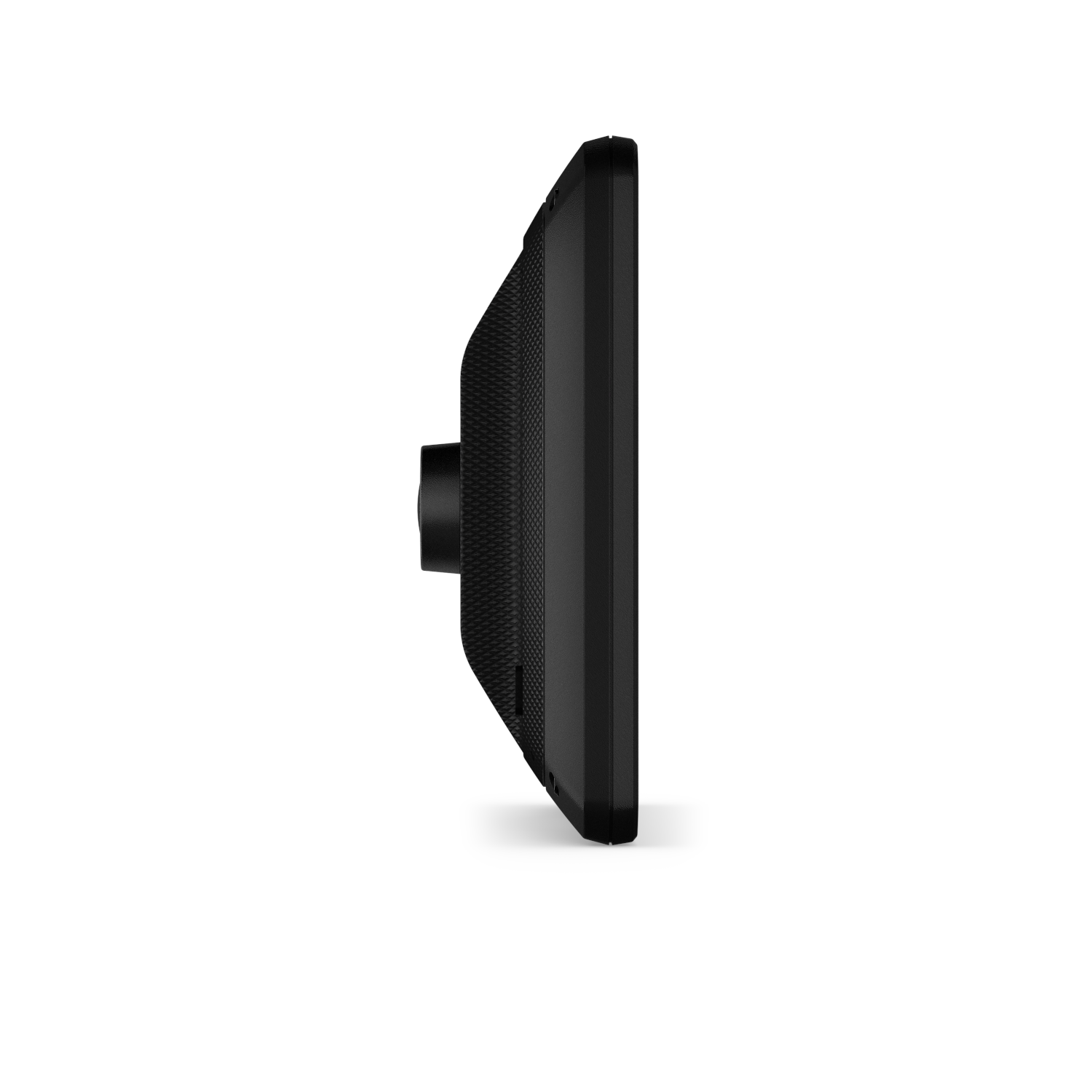 Zijaanzicht van een zwart Garmin-apparaat, met het zijprofiel en een knop.