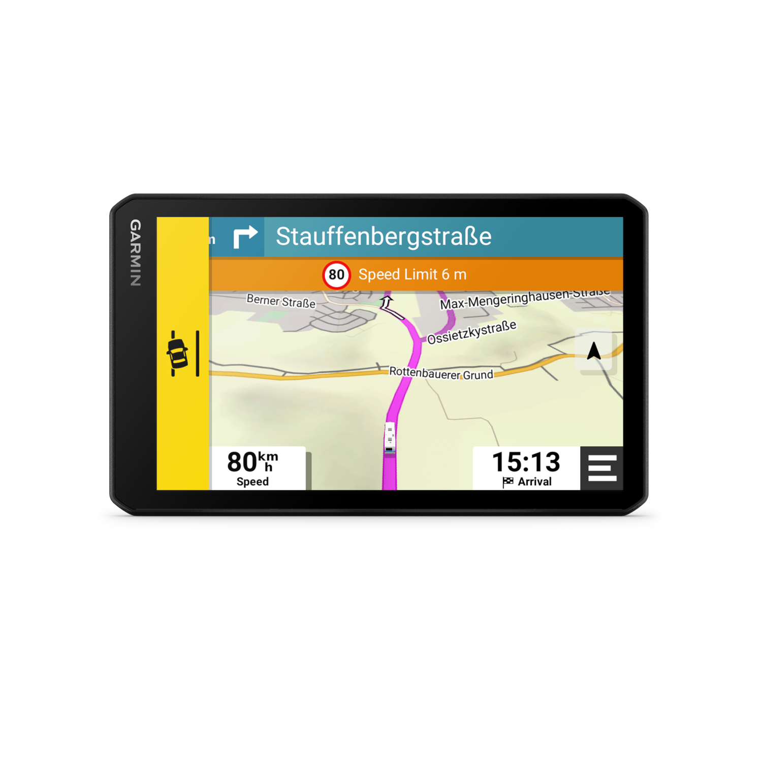 Een zwart Garmin GPS-navigatietoestel met een kaart met route-informatie.