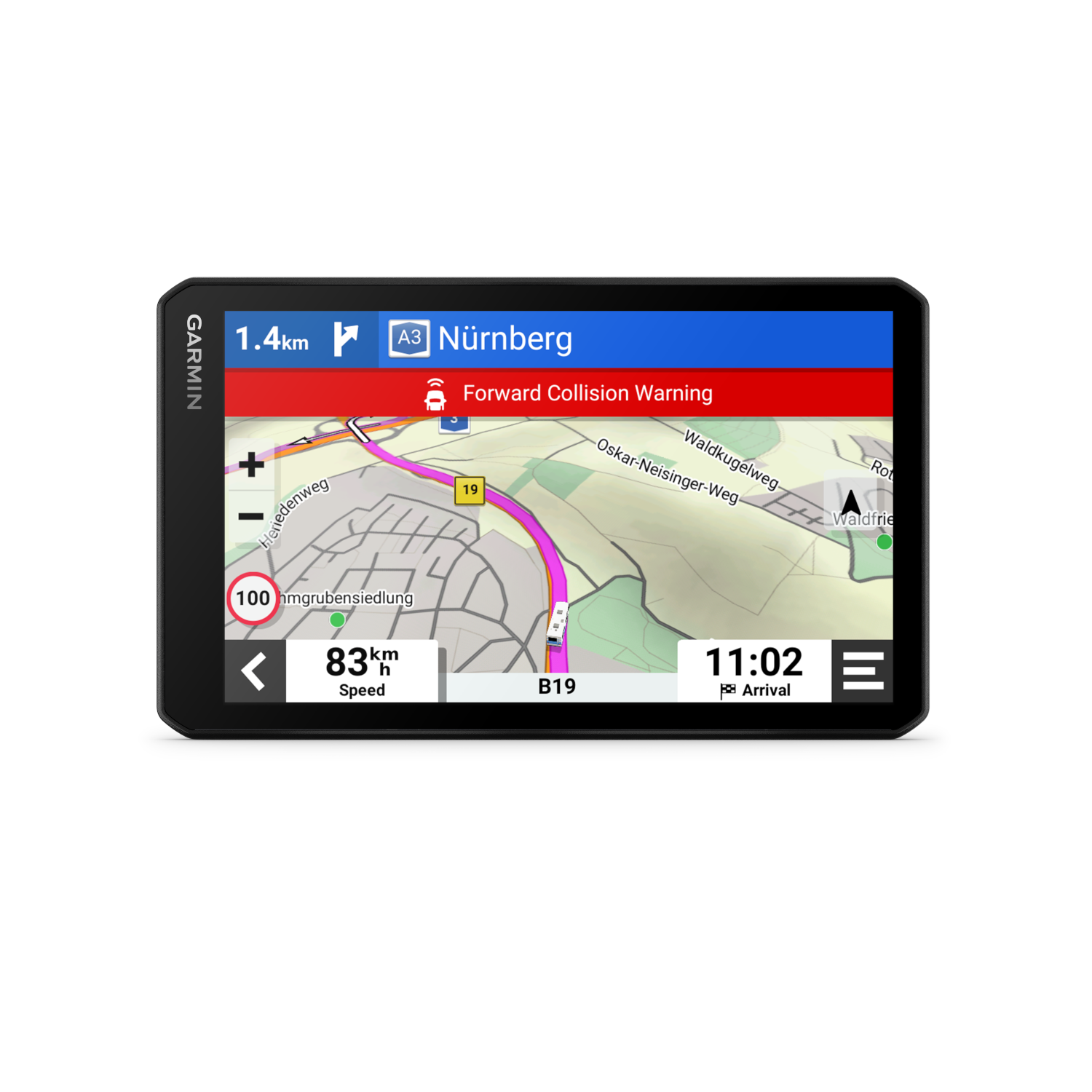 GPS-apparaat met kaart, snelheid en aankomsttijd. Het scherm is zwart.