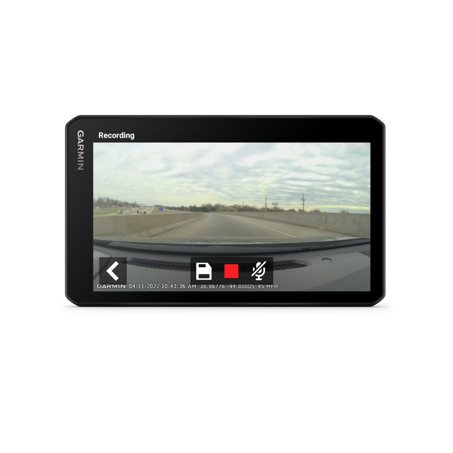 Garmin dashcam scherm met snelwegweergave, opnamestatus en datum/tijd info.