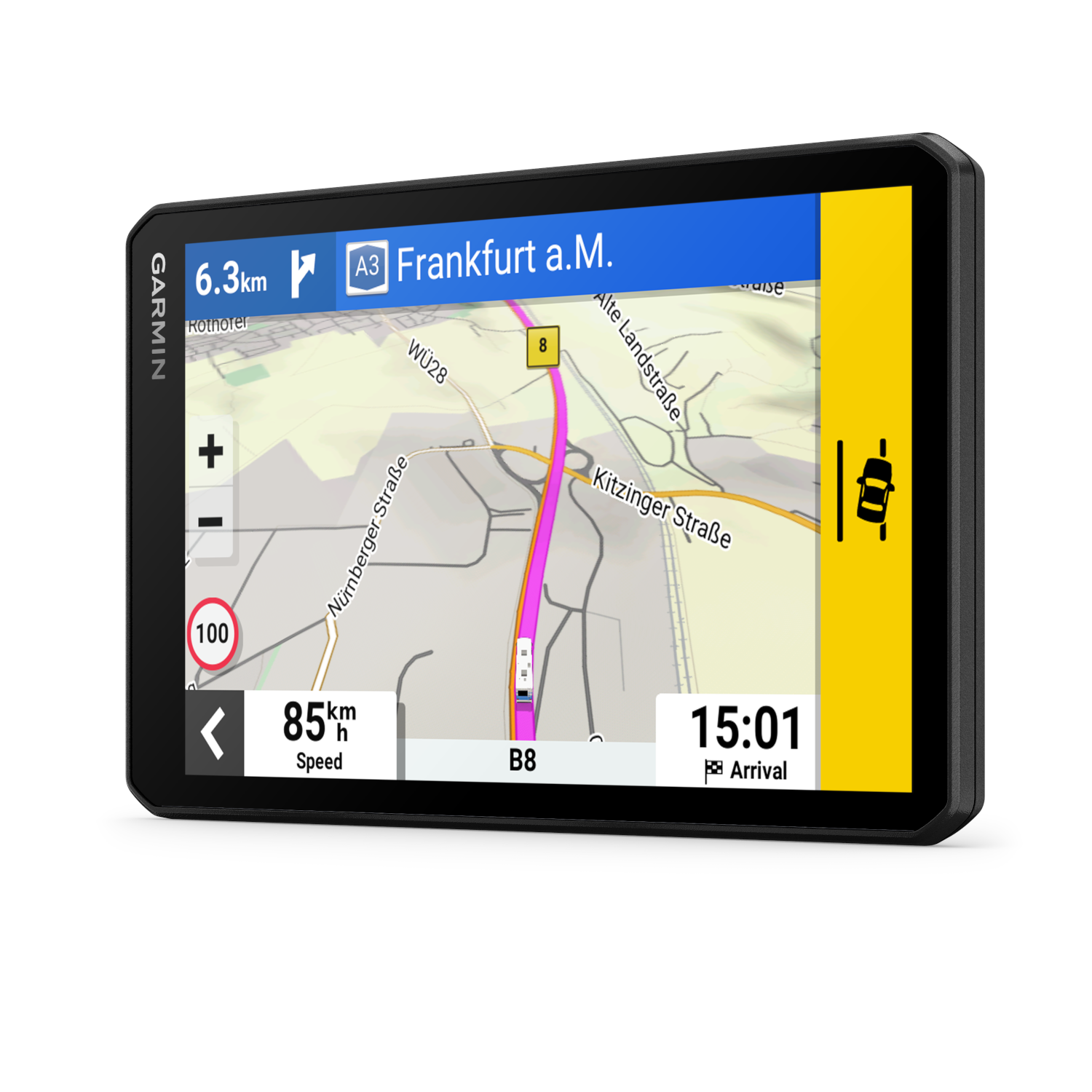 Garmin GPS navigatie. Scherm toont kaart met routeaanwijzingen. Snelheid, tijd en andere gegevens worden weergegeven.