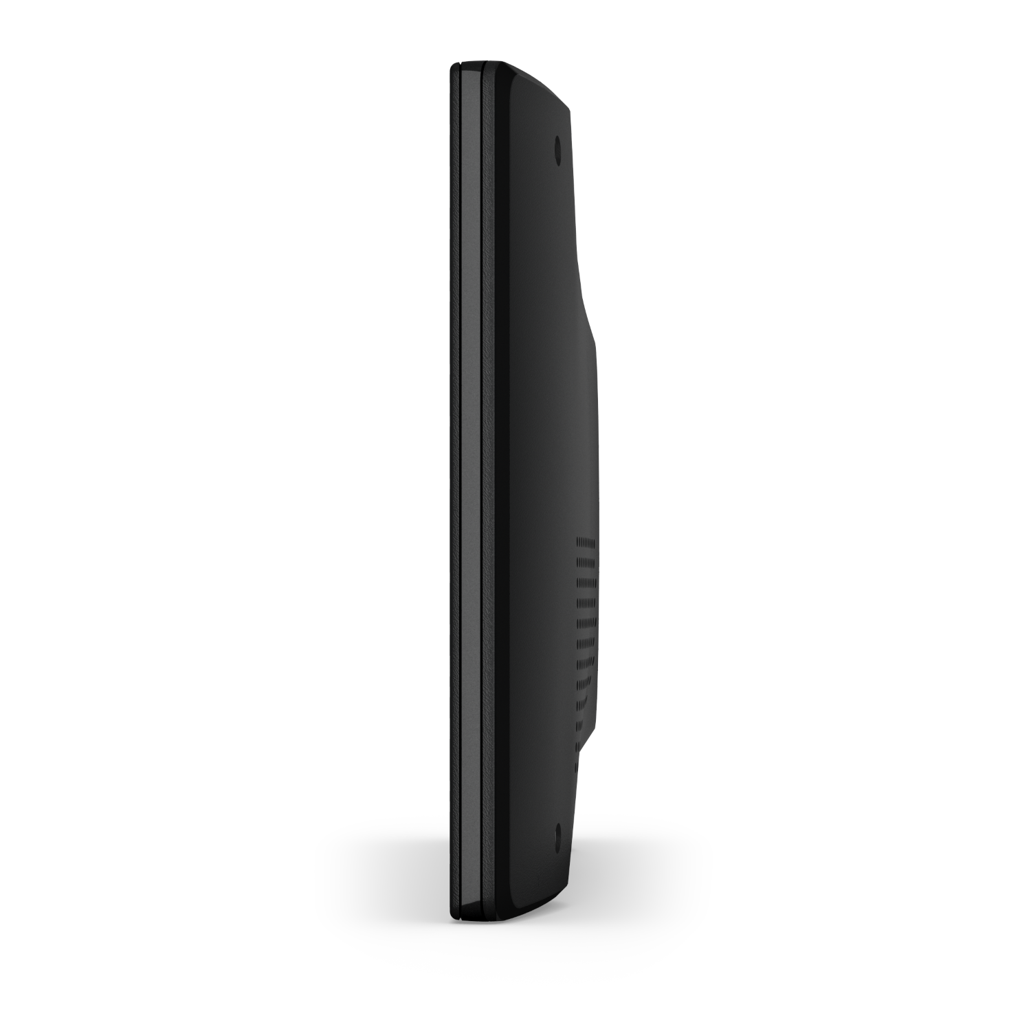 Black, side view of a monitor. It's a sleek, dark rectangle with a textured back.
