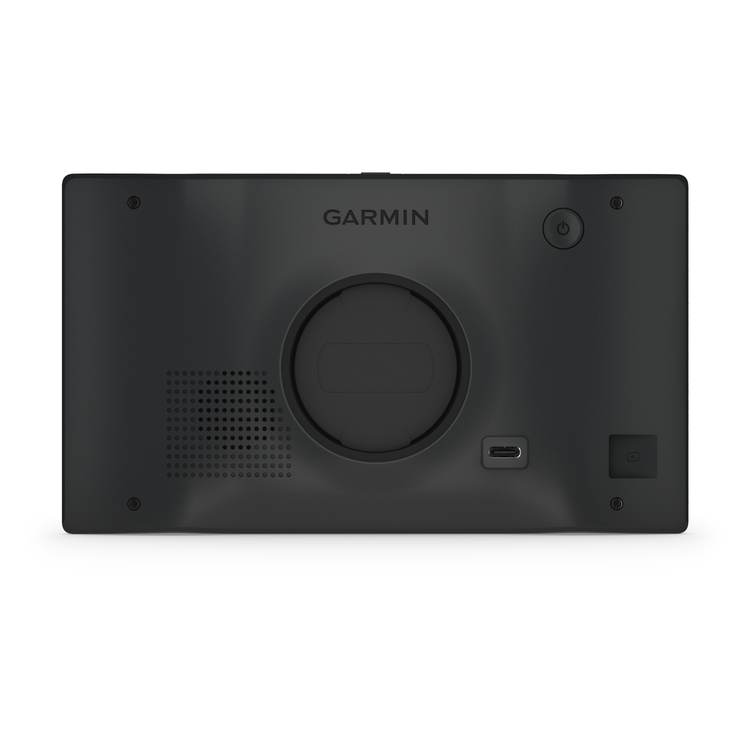 Back of a Garmin GPS device. Black with Garmin logo and buttons.