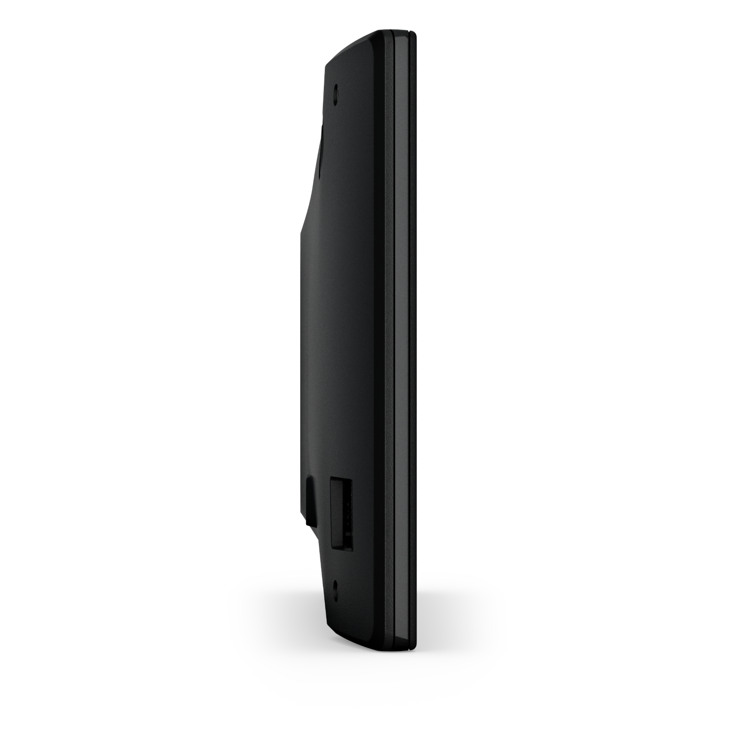 Black device, profile view, with a curved design and a small port.
