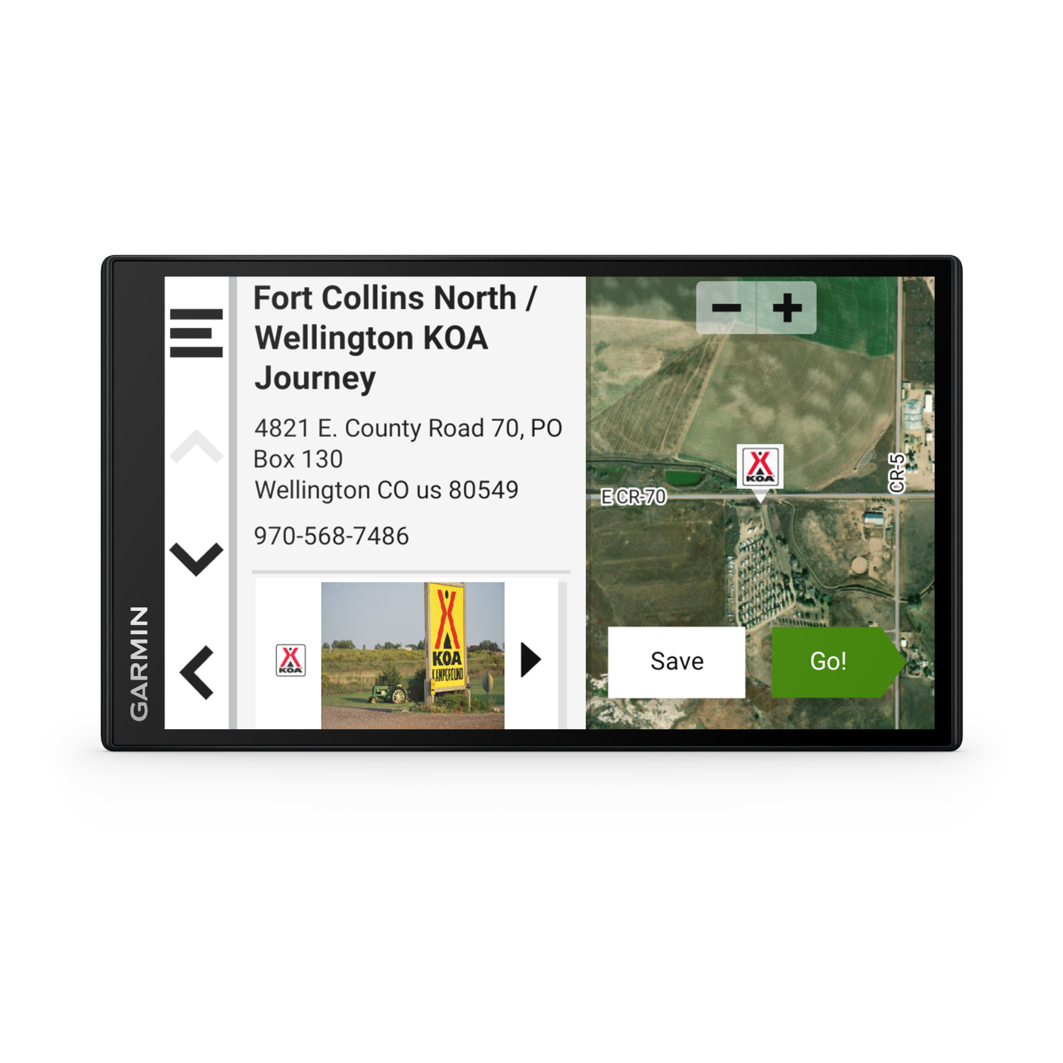 Garmin GPS screen showing a map and KOA information, with menu and navigation buttons.