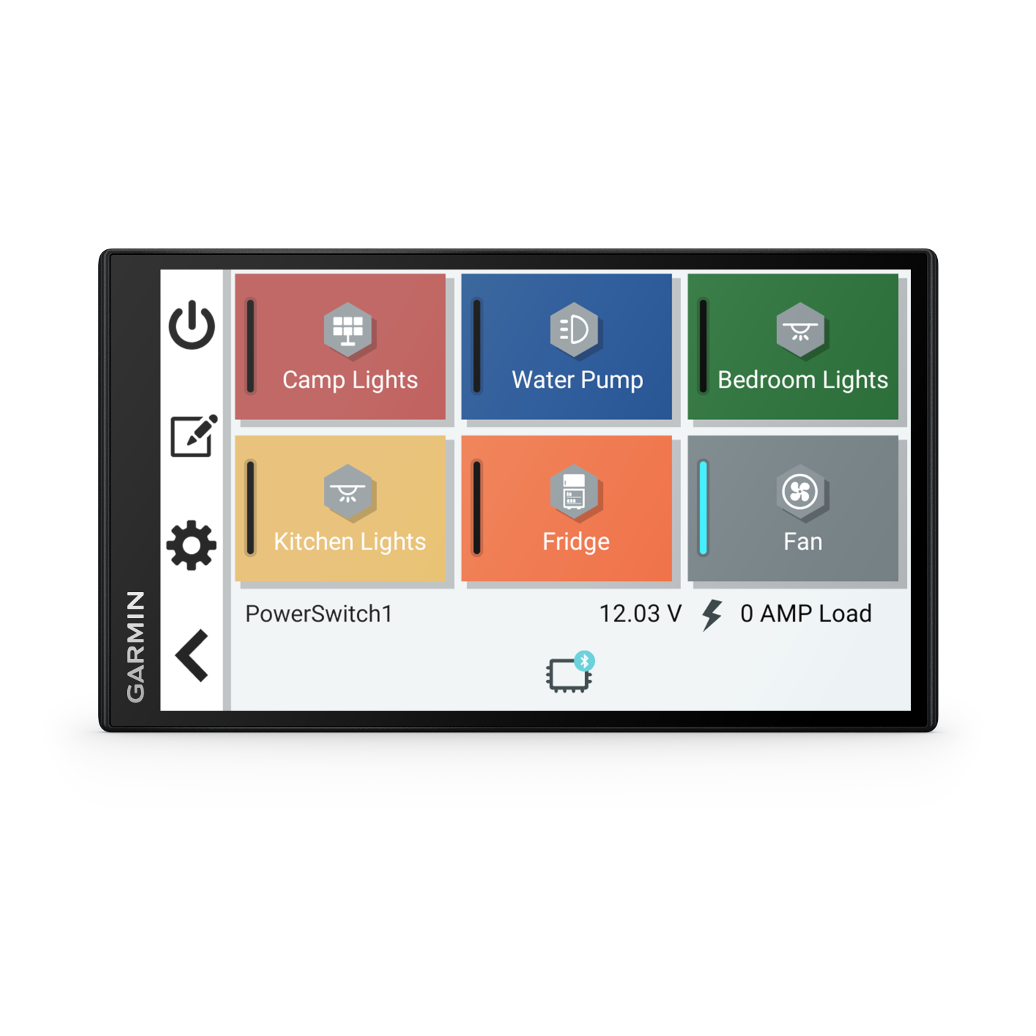 Garmin touchscreen device showing several function buttons.