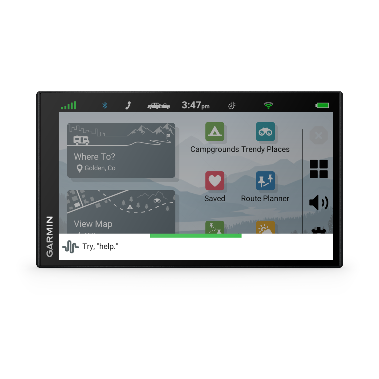 A Garmin touchscreen GPS device with a map displayed.