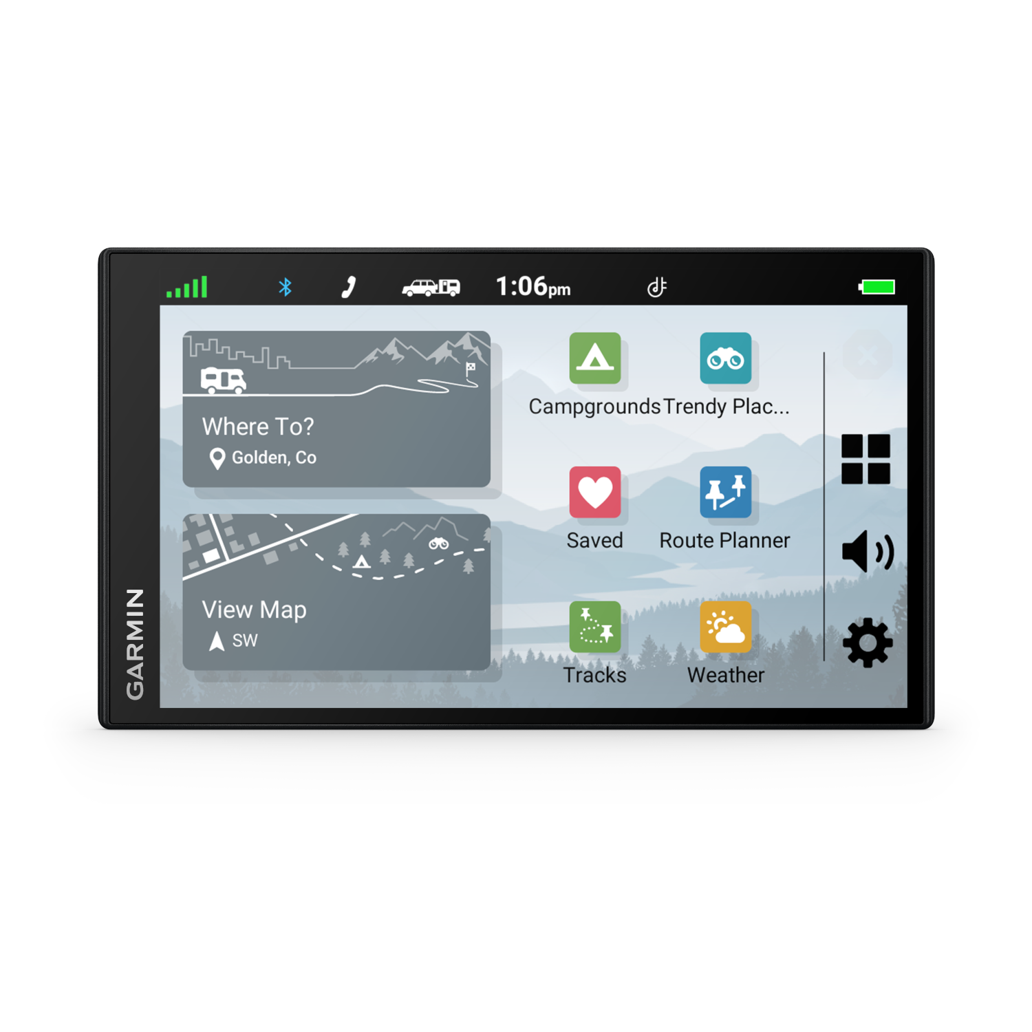 A Garmin GPS device displays a map with navigation options.