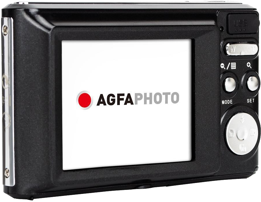 Fekete Agfa kamera hátulja, képernyővel és AgfaPhoto logóval.