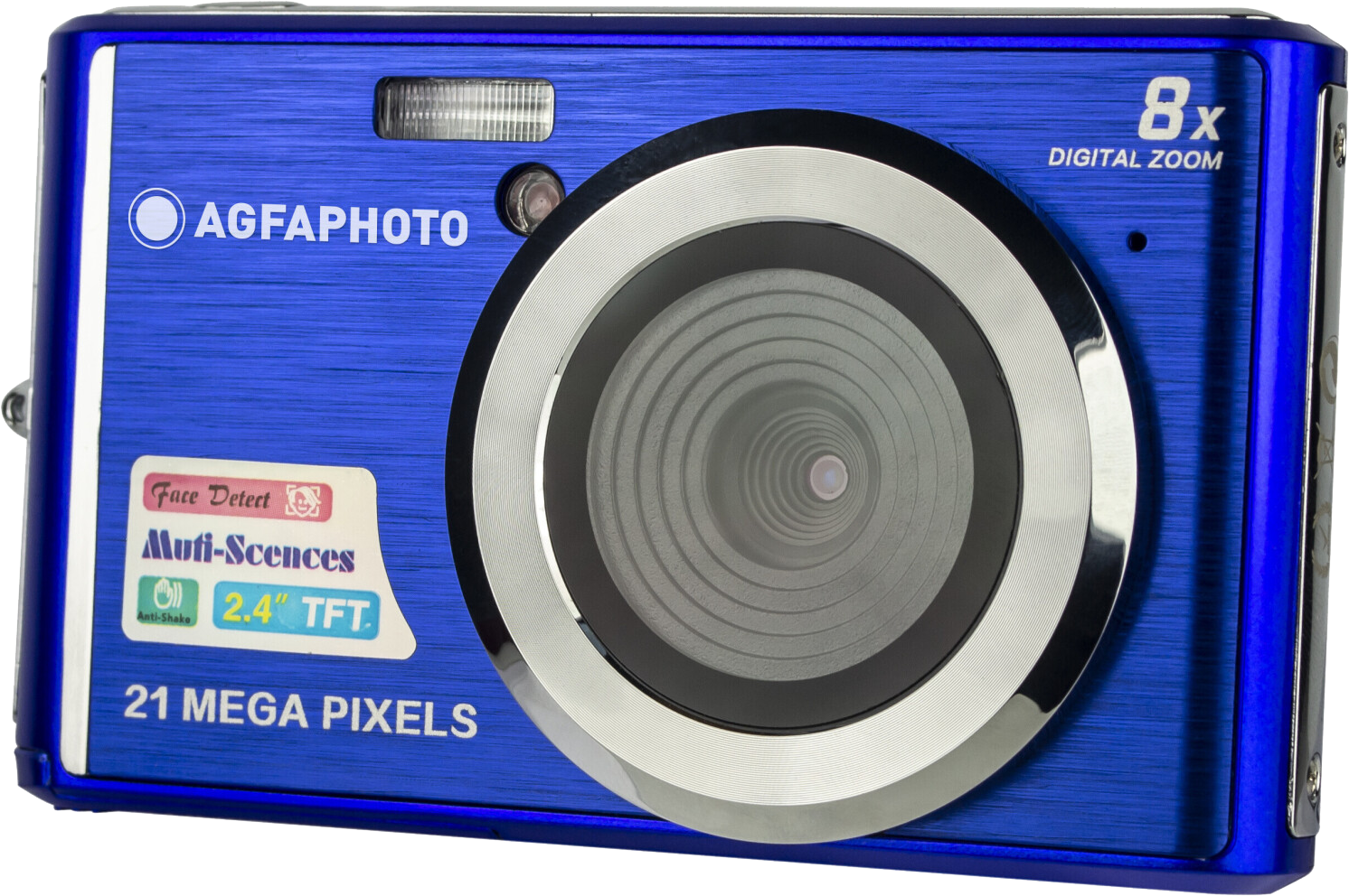 Kék AGFAphoto digitális fényképezőgép 8x zoommal és 21 megapixellel, a lencse közeli képe.