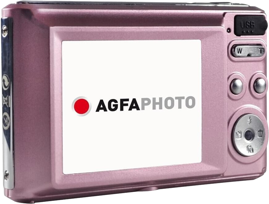 Egy rózsaszín digitális fényképezőgép képernyővel, gombokkal és az AgfaPhoto logóval fehér háttéren.
