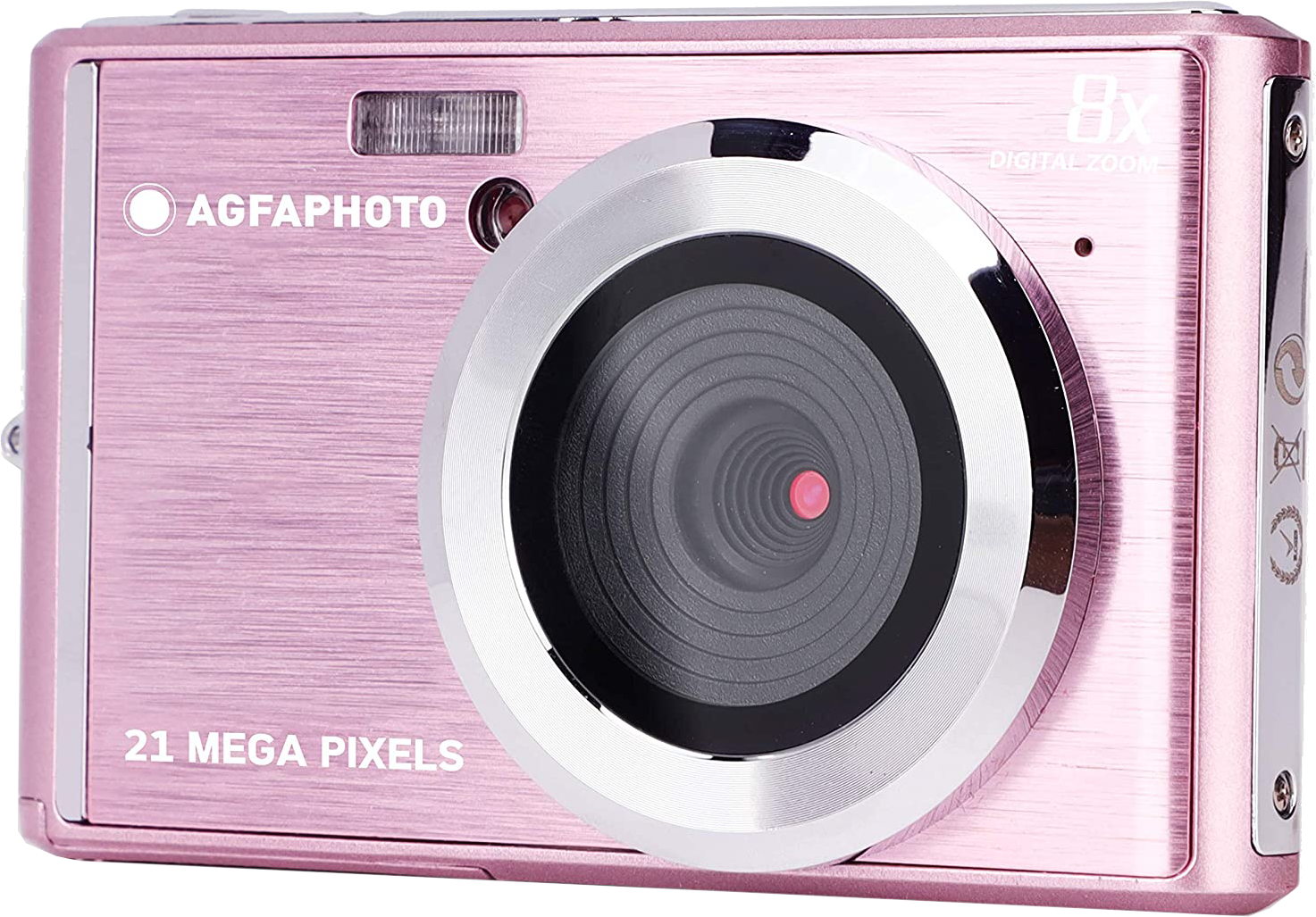 Egy rózsaszín kamera ezüst díszítéssel. Van rajta lencse, vaku, és a "21 MEGA PIXELS" felirat.