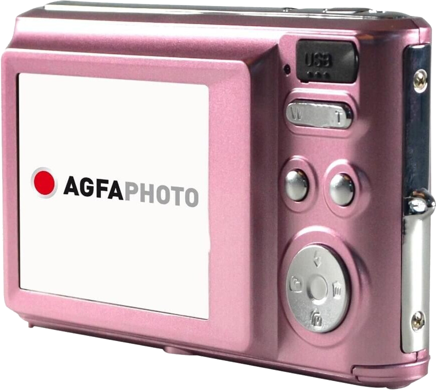 Rózsaszín AgfaPhoto digitális fényképezőgép. A kamerának képernyője és gombjai vannak.