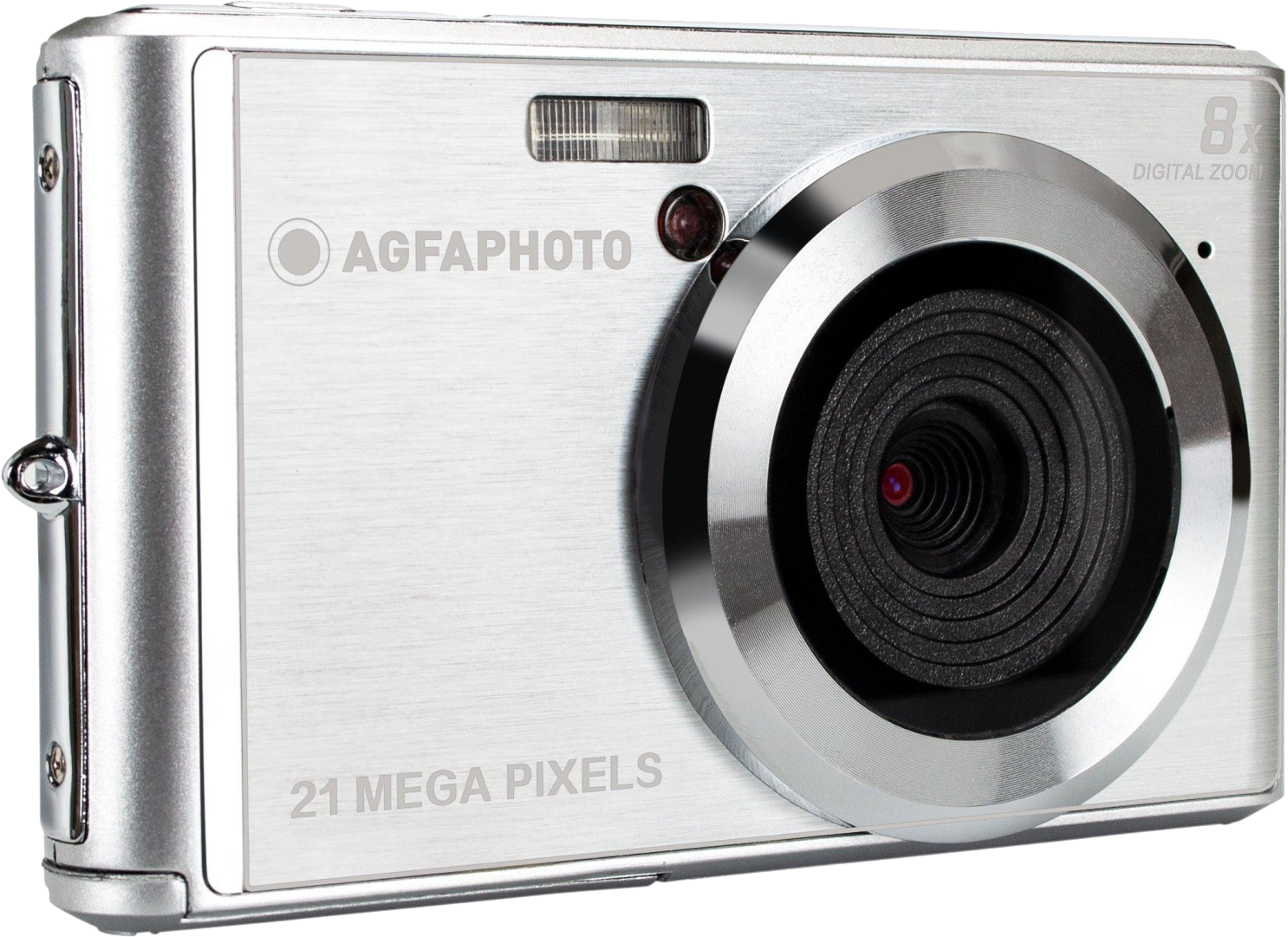 Silberne AgfaPhoto Digitalkamera. Verfügt über ein Objektiv und eine rote Blitzanzeige.