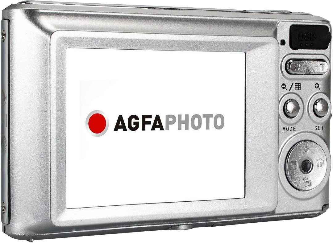 Rückseite einer silbernen Kamera mit Bildschirm, der das AgfaPhoto-Logo zeigt.