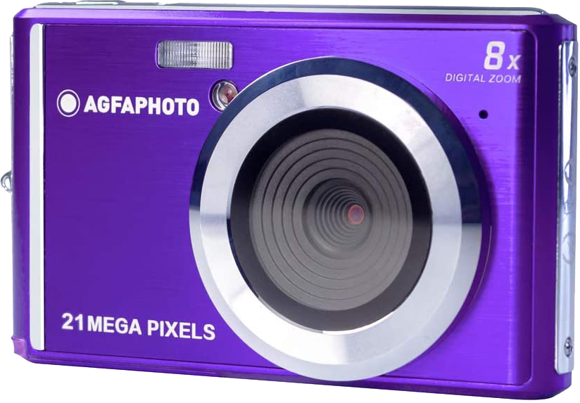 Lila AgfaPhoto digitális fényképezőgép ezüst díszítéssel. 21 megapixel, 8x digitális zoom és egy lencse.