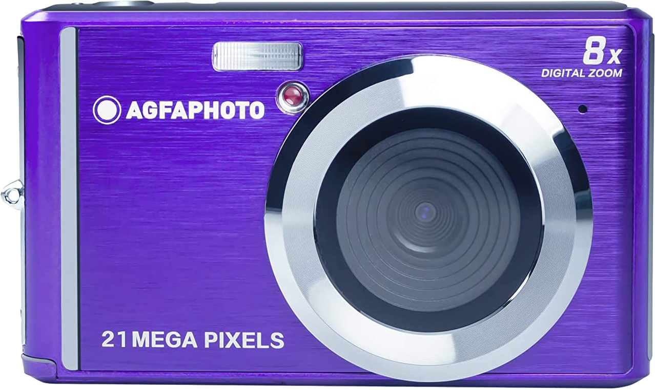 Egy lila digitális fényképezőgép ezüst díszítéssel és az 'AGFA PHOTO' felirattal.