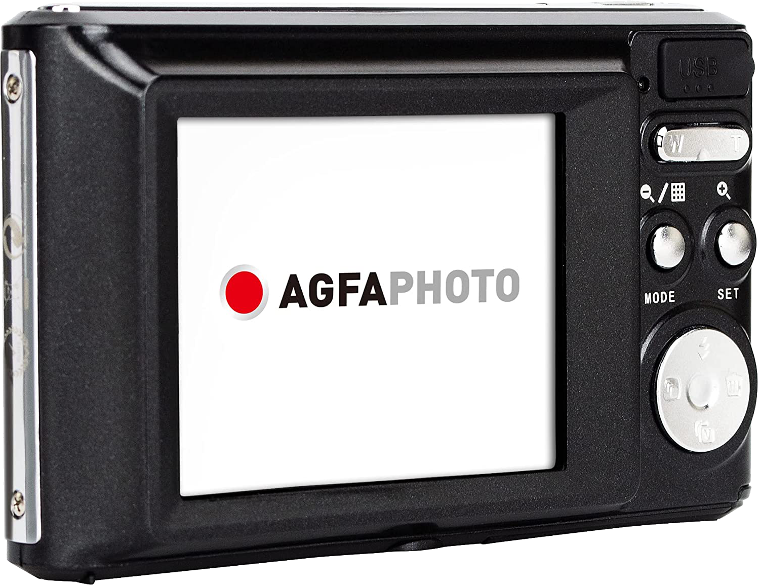 Fekete digitális fényképezőgép hátulja. AgfaPhoto logó a képernyőn.