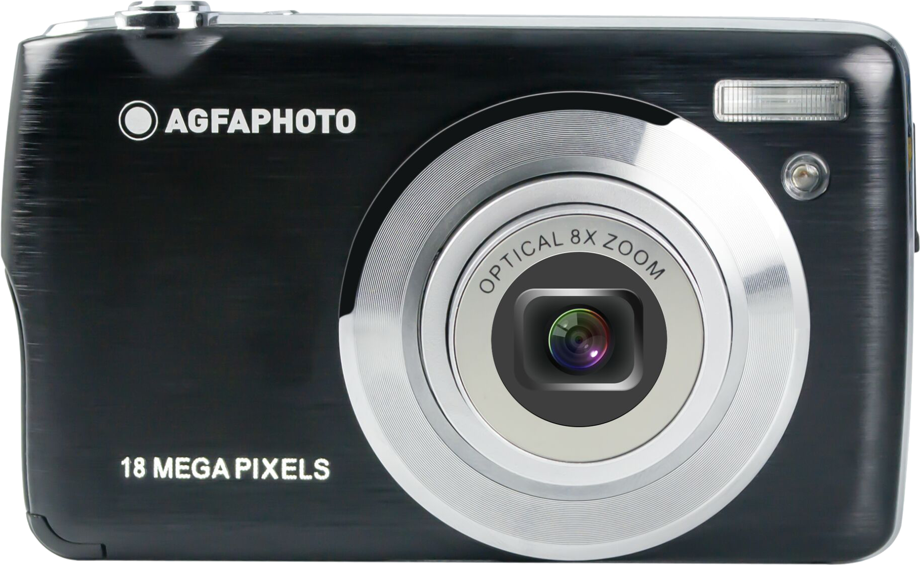 Fekete AgfaPhoto digitális fényképezőgép. Ezüst objektív optikai zoommal és 18 megapixellel. Fekete felület.
