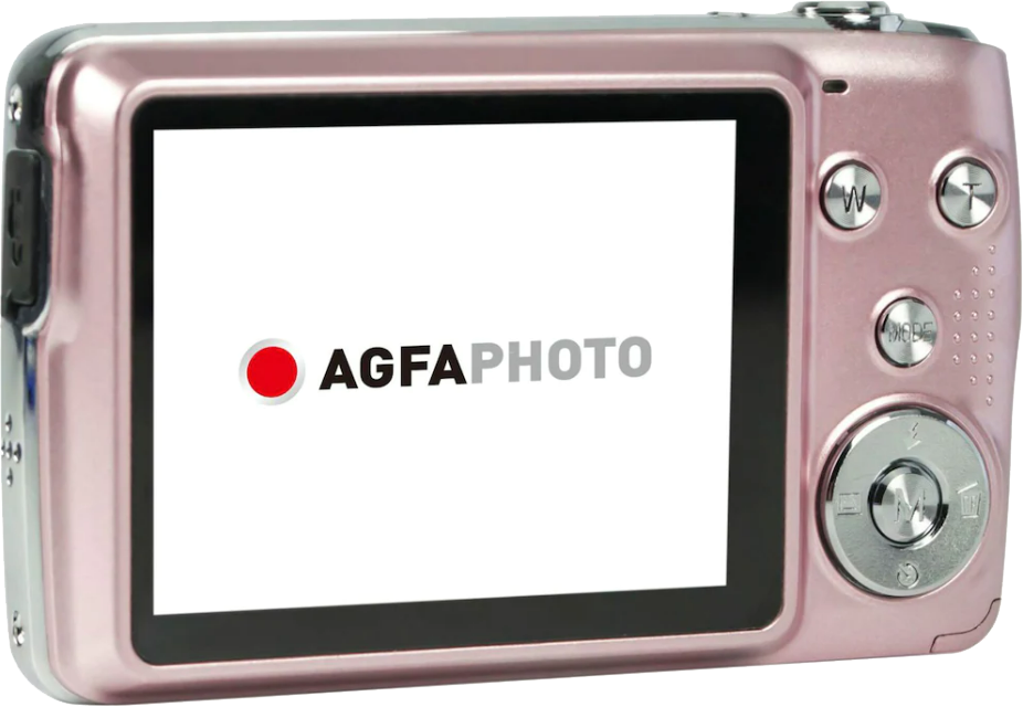 Rózsaszín digitális fényképezőgép. AgfaPhoto logó a képernyőn. Izolált nézet.