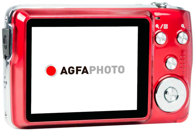 Piros digitális fényképezőgép fehér képernyővel, amely az 'AGFA PHOTO' logót jeleníti meg.