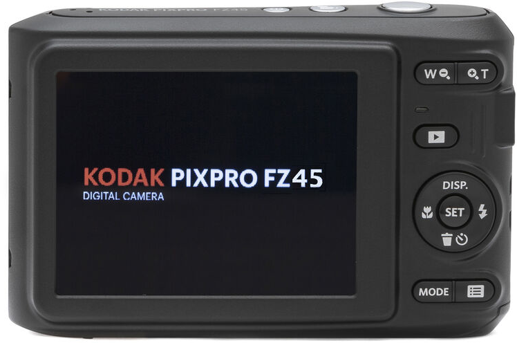 Egy fekete Kodak Pixpro FZ45 digitális fényképezőgép hátulja. A képernyő és a gombok láthatók.